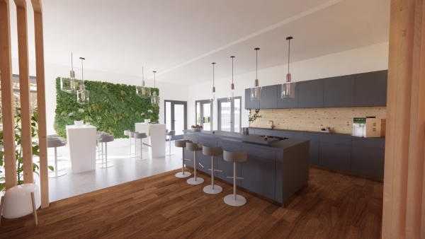 Mitarbeiterlounge mit großzügigem Küchenbereich für die Mitarbeiter. Büroplanung Bürobau in Hammersbach bei Altenstadt