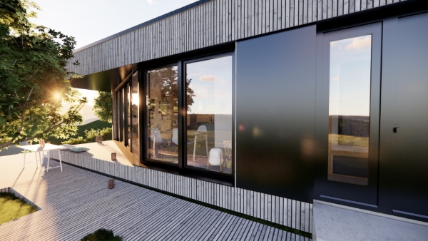 Fassadendetail für ein Tinyhouse in Schlüchtern mit stimmungsvoller Lichtatmosphäre