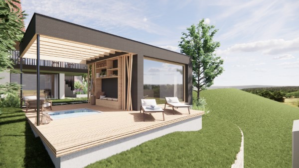 Gartenhaus mit Sauna und Golfraum mit großen Glasflächen. Architekt Einfamilienhaus Main Kinzig Kreis, MKK
