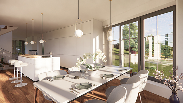 Blick vom Esstisch in den minimalistischen Küchenbereich eines Einfamilienwohnhauses in Wiesbaden