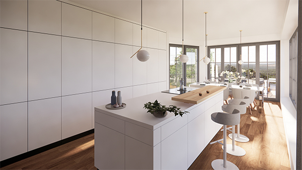 Ein minimalistisches Küchendesign begleitet den Neubau eines Wohnhauses in Wiesbaden, welches durch große Glasfassaden den Blick in die Natur einfängt.